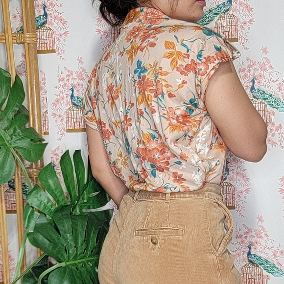 Vintage Floral 90's Shorts Cap Sleeved Button Down Floral Print Shirt - Picture 6 of 6
